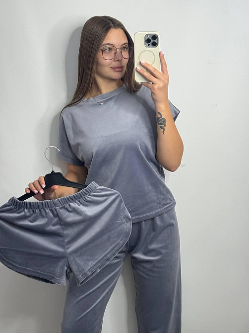 Пижама-комплект (футболка+шорти+штаны) из плюшевого велюра Серый XXL Харьков - изображение 9