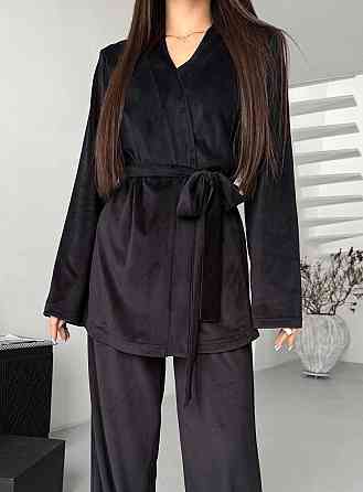 Жіночий стильний домашній костюм штани палаццо + кімоно, велюр Чорний, 46/48 Одеса