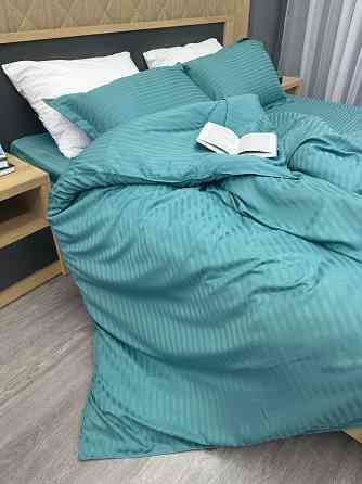 Комплект постільної білизни Страйп-сатин Двоспальний 180х220 з простирадлом на резинці Лазурний (88-187) Київ