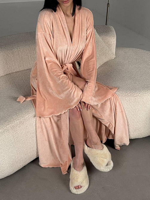 Женский стильный домашний велюровый макси халат плюш велюр Персик, Oversize 42/46 Одесса - изображение 8