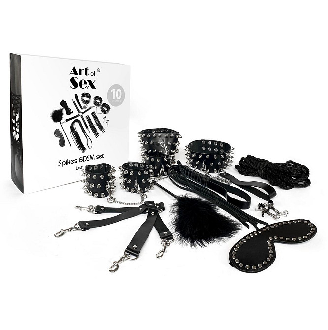 BDSM-набор Art of Sex – Spikes BDSM Set Leather, 10 предметов, черный, натуральная кожа Sex Aura Киев - изображение 4