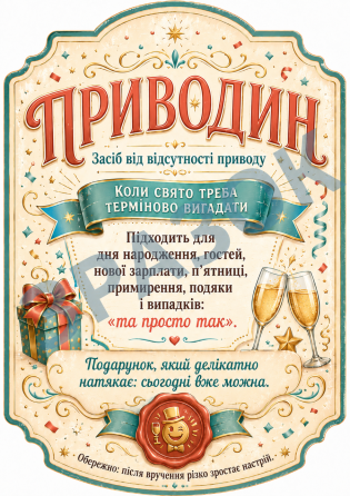 Етикетка на пляшку “Приводин” + контретикетка | подарункова наліпка на шампанське, ігристе, вино | прикольна етикетка на свято Одеса