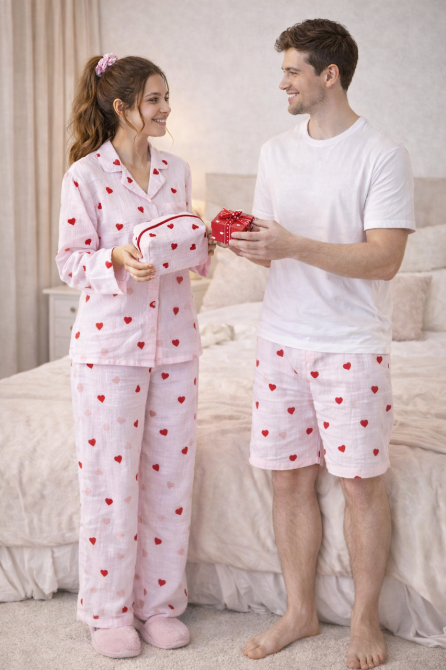 Подарочный бокс Женская муслиновая пижама (рубашка + штаны) мужские шорты-трусы, косметичка и резинка в подарок в красные сердечки 48, 44 Каменец-Подольский - изображение 1