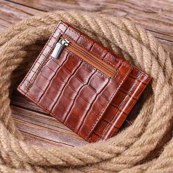 Фактурный зажим для мужчин из натуральной кожи с тиснением под крокодила KARYA 21418 Рыжий Киев