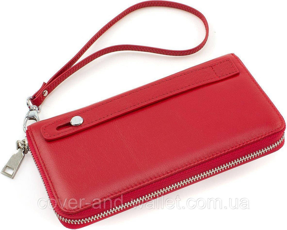 Шкіряний жіночий гаманець клатч червоного кольору на блискавці з ремінцем Marco Coverna MC 7003-2 Київ - фото 8