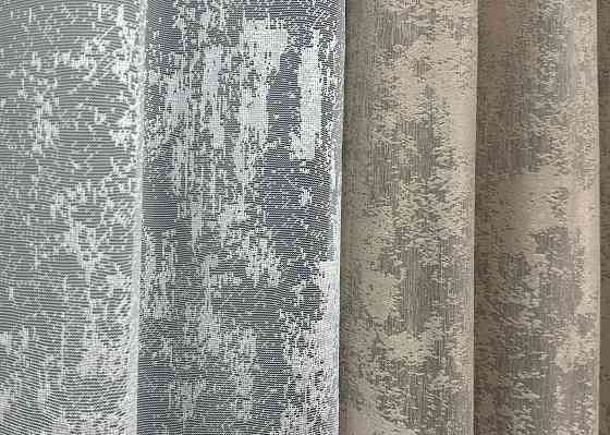 Комплект штор VR-Textil Жаккард Мармур 100х270 2шт и Тюль 300х270 1208ш-1400т Бежево-серый с белым 71-006/1 Киев