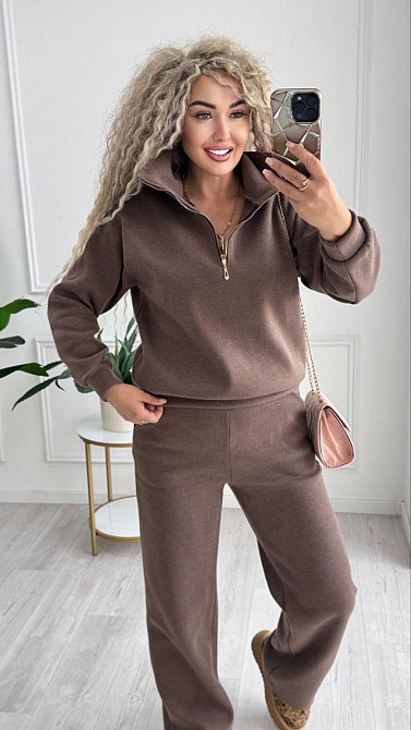 Жіночий стильний і теплий в'язаний костюм осінь-зима на трикотажній основі. Шоколад, 52/54 Одеса - фото 1