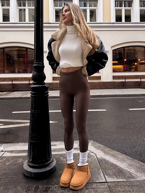 Женские теплые базовые лосины без боковых швов турецкий рубчик на флисе Шоколад, 42/44 Одесса - изображение 8