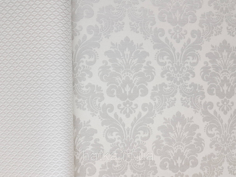Шпалери вінілові на флізеліні Rasch Trianon Xlll 0.53х10 класика під текстиль вензель завитки срібло на білому Київ - фото 4