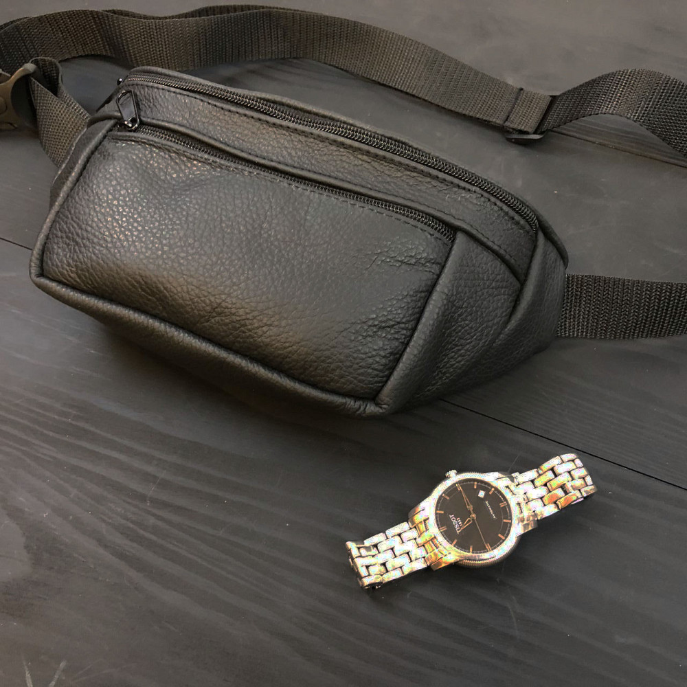 Бананка чоловіча чорна, Зручна чоловіча шкіряна бананка Сумка ремінь на пояс DN-38 Львів - фото 14