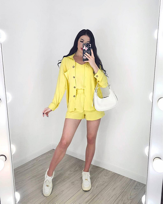Жіночий легкий костюм-трійка: сорочка, майка та шорти креп жатка Лимонний, 42/44 Одеса - фото 5