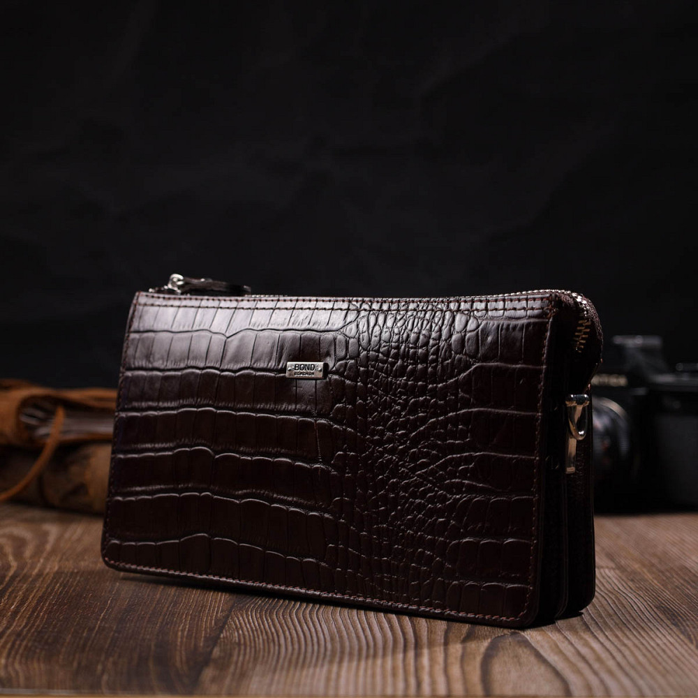 Вместительный мужской клатч на два отделения из натуральной кожи с тиснением под крокодила BOND 22046 Коричневый Киев - изображение 1