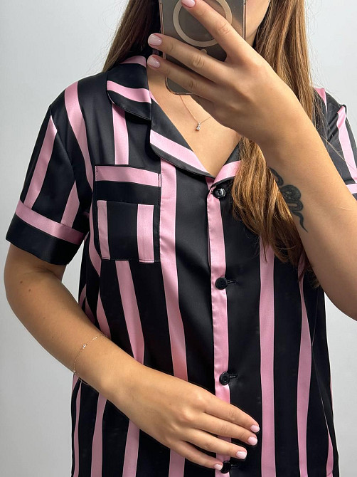 Женская пижама сатиновая Черно-розовый полоска XL-2XL Харьков - изображение 4
