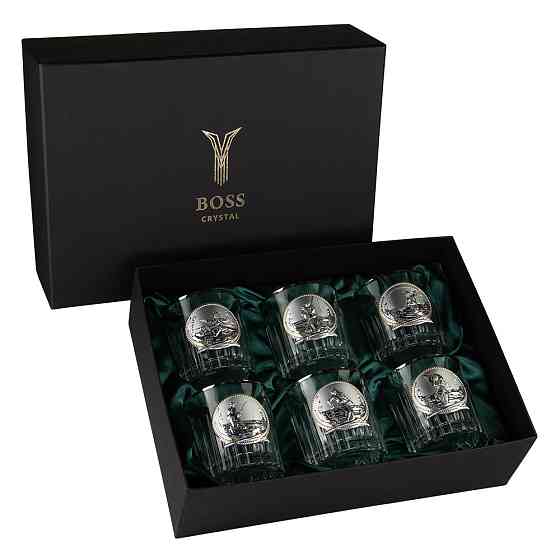 Набір для віскі “FISHERMAN” 6 келихів 360 мл, кришталь з платиною, зображення зі срібла з позолотою Рівне