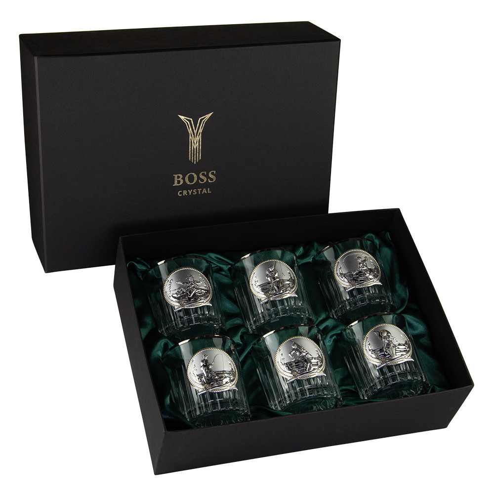 Набір для віскі “FISHERMAN” 6 келихів 360 мл, кришталь з платиною, зображення зі срібла з позолотою Рівне - фото 1