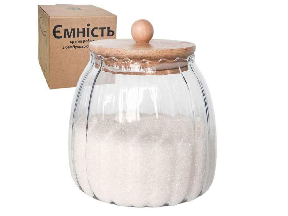 Ємність 1л 7029-13 кругла ребриста з бамбуковою кришкою ТМ SNT Київ - фото 1