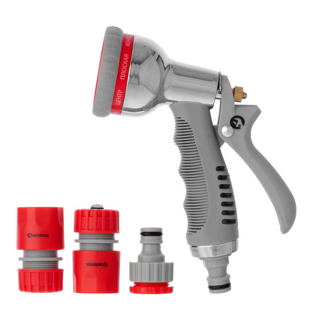 Пістолет-розпилювач для поливу, 8 режимів, хромований, матеріали: ABS, PP, TPR, Zinc alloy, набір аксесуарів для підключення Київ - фото 1