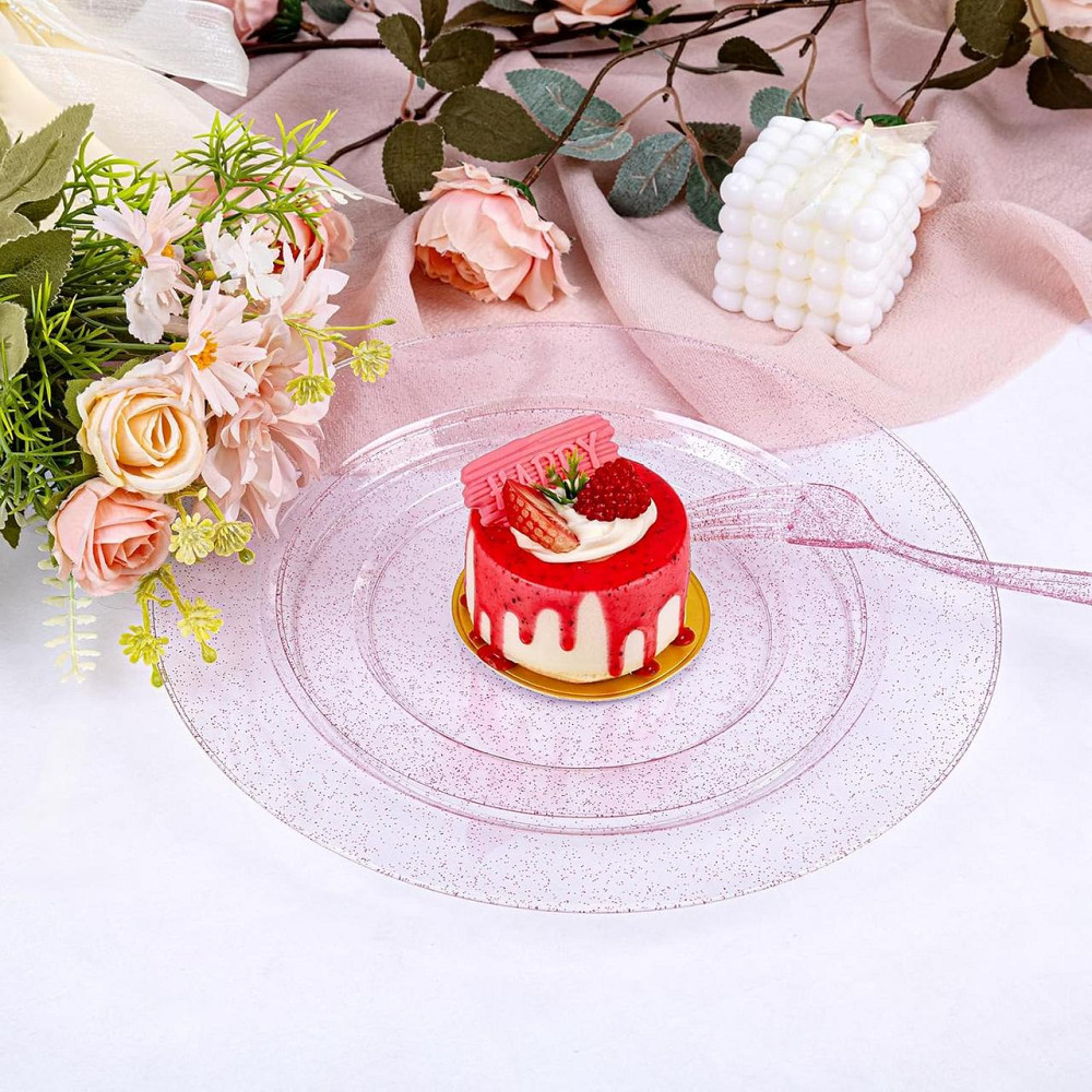 Набор тарелок пластиковых круглые 4 шт, десертные 19 см и обеденные 26 см,розовые прозрачные с блёстками Каменец-Подольский - изображение 3