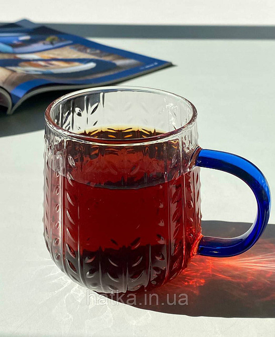 Кухоль чашка Olens "Синій смужок" 390 мл 8030-260 прозорий із синьою ручкою Київ - фото 1