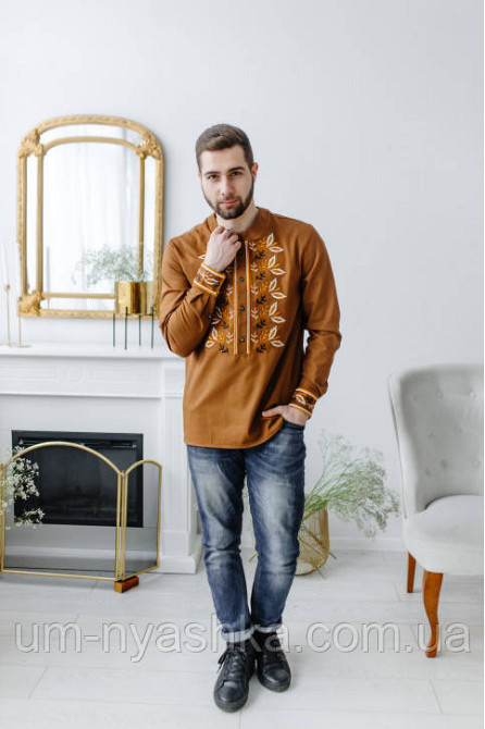 Мужская льняная вышиванка коричневая Еремий Кривой Рог - изображение 6