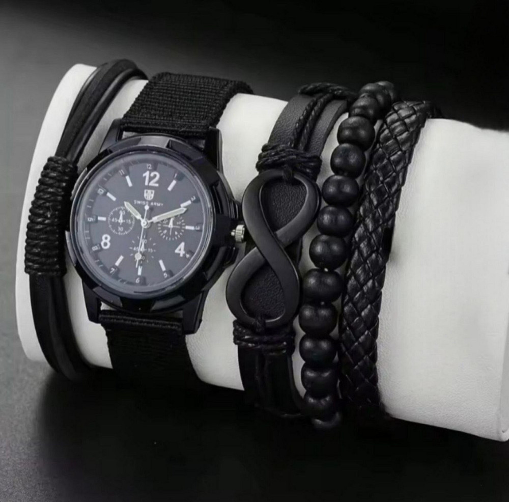 Подарунковий набір для чоловіків наручний годинник з 4 браслетами чорний Київ - фото 2