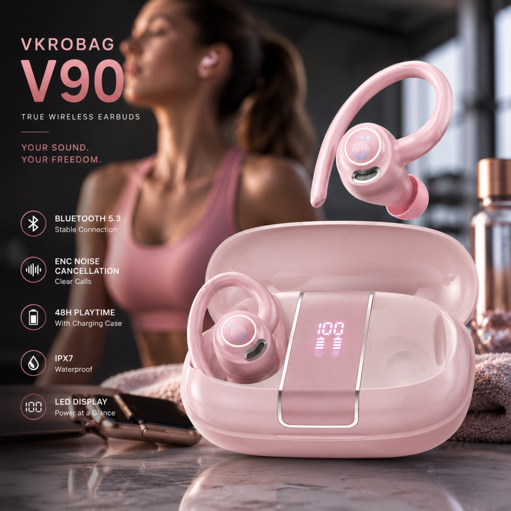 Бездротові навушники VKROBAG V90 Bluetooth 5.3, ENC шумозаглушення, 48 год автономності, IPX7, LED дисплей, спортивні TWS, рожеві Київ - фото 9