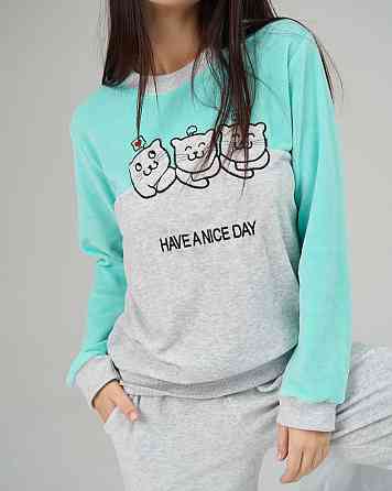 Жіноча піжама зі штанами Nicolette Три котики — Велюр 87125 XL, Бірюзовий Київ