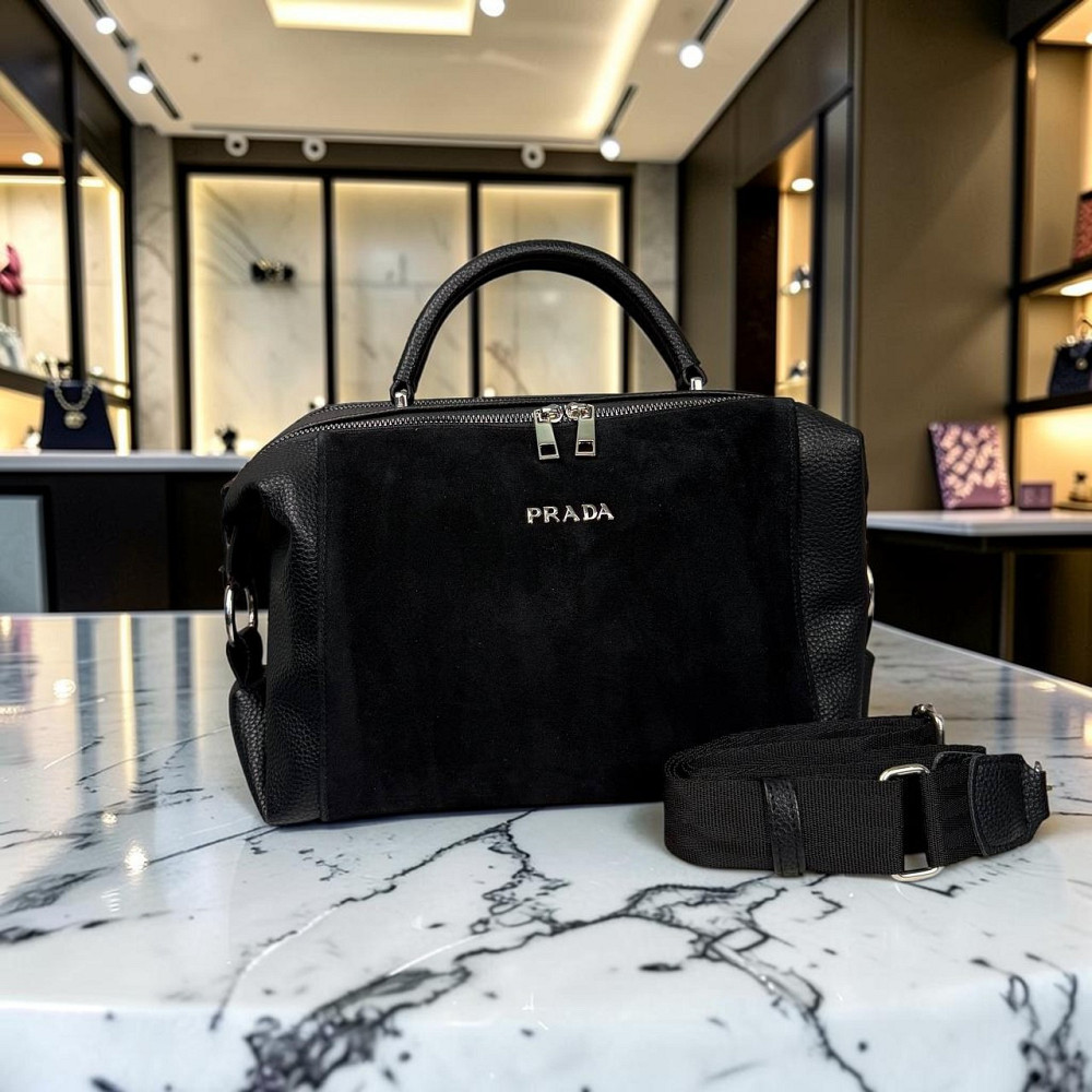 Жіноча замшева сумка стиль Прада, сумочка класична натуральна замша Prada чорна ( 186 ) Харьков - изображение 4