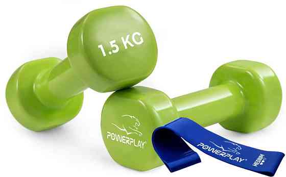 Гантелі вінілові PowerPlay 2 * 1,5 кг. PP_4103 Зелені (2шт. - пара) + Резинка для фітнесу 7,5кг Каменское