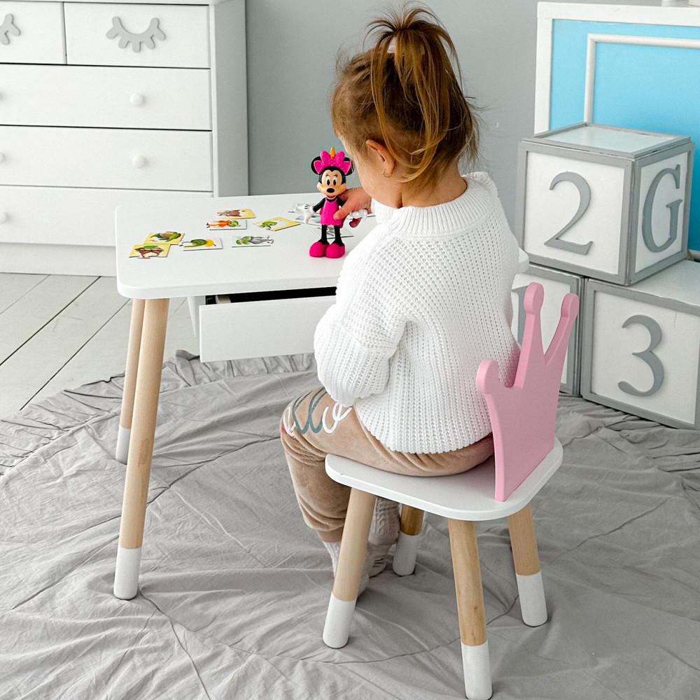 Детский столик белый и стульчик корона бело- розовый. Столик с ящиком для карандашей и разукрашек 56787 Каменское - изображение 2