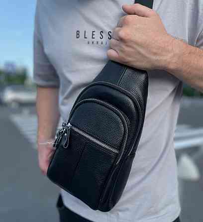 Брендова чоловіча нагрудна сумка рюкзак слінг із натуральної шкіри молодіжна шкіряна чорна сумка Tiding Київ
