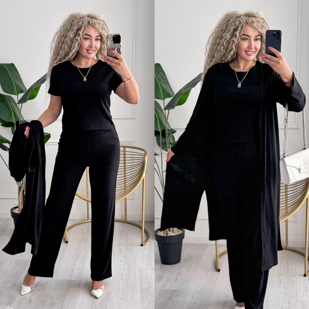 Жіночий базовий прогулянковий костюм-трійка: кардиган футболка та штани трикотажний рубчик Чорний, 50/52 Одеса - фото 10