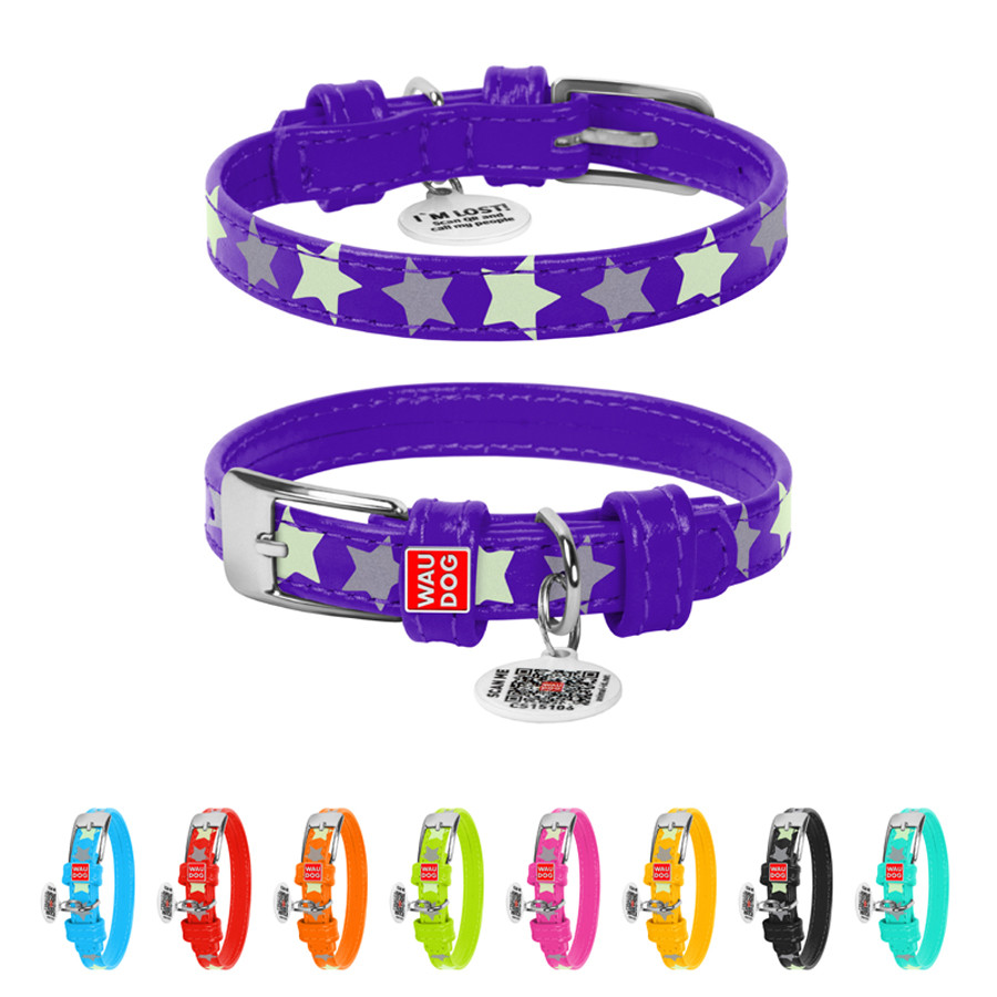 Нашийник для собак шкіряний WAUDOG Glamour з QR паспортом, візерунок "Зірочка", світлонакопичув Коломыя - изображение 1