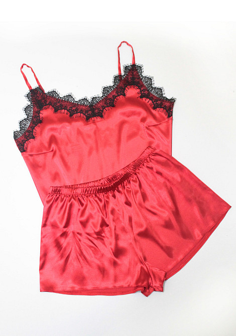Піжама жіноча атласна з мереживом майка + шорти Червоний M/L Харків - фото 3