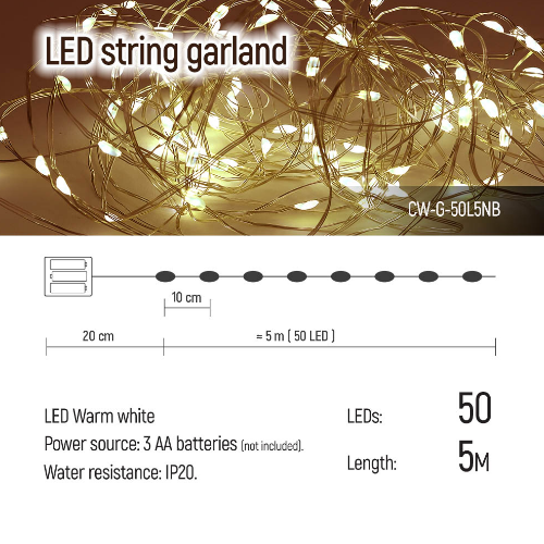 Світлодіодна гірлянда струна 50 Led 5м теплий колір (батарейки 3*AA) CW-G-50L5NB ColorWay Житомир