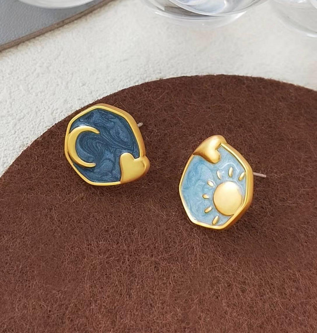Серьги пусеты солнце и луна эмаль синие золотистые серьги гвоздики Киев - изображение 6