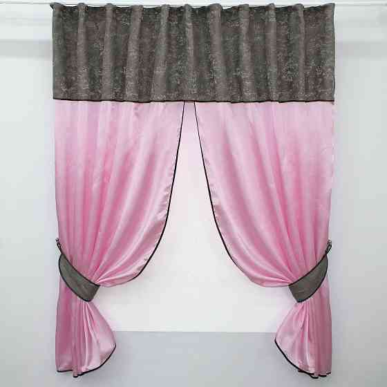 Кухонные шторы VR-Textil № 073к с ламбрекеном и подхватами розовый с серо-коричневым 270х170 см (52-0293) Киев