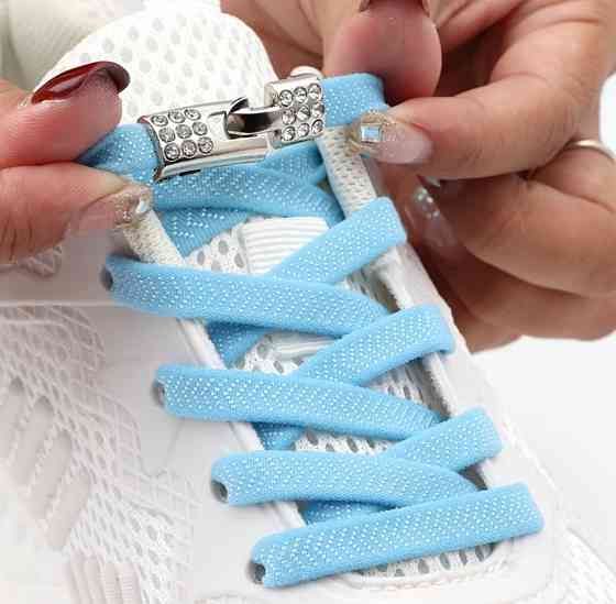 Шнурки еластичні без зав'язок з металевою застібкою зі стразами Блакитний Сміла