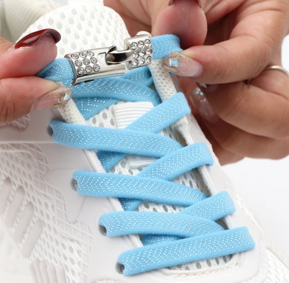 Шнурки эластичные без завязок с металлической застежкой со стразами Голубой Смела - изображение 1