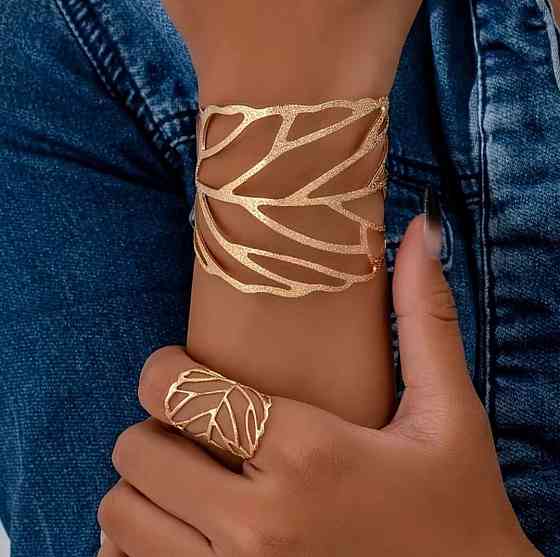 Браслет и кольцо в форме листьев золотистый набор женский открытый браслет манжета Киев