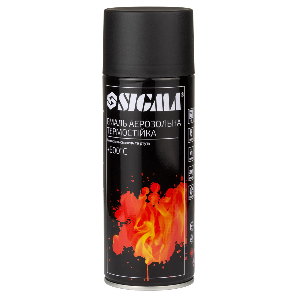 Sigma Эмаль аэрозольная акриловая термостойкая +600°C 400мл RAL 9005 черный мат SIGMA (2736041) Коломия - фото 1