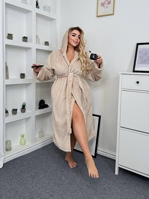 Жіночий теплий домашній махровий халат двостороння махра Бежевий, 48/52 Одеса - фото 5