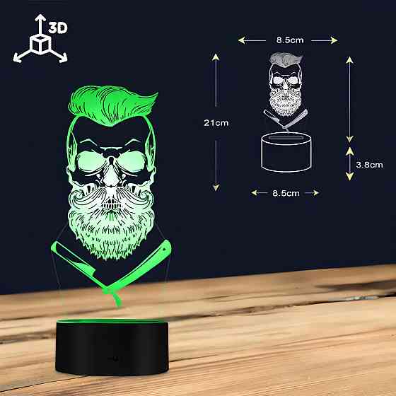 3D світильник Barber Skull RESTEQ — світлодіодна лампа череп перукаря, 7 кольорів, USB/батарейки Київ