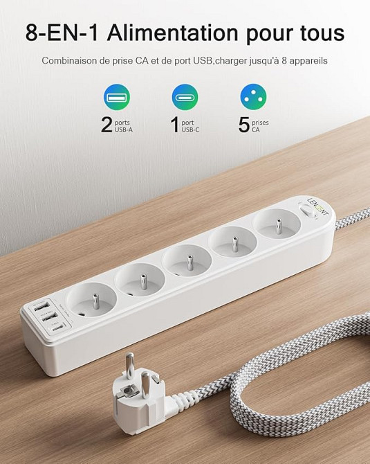 Мережевий подовжувач LENCENT (5 розеток, 2 USB, 1 Type-C) з вимикачем та плетеним кабелем 2 м (товар з вітрини) Луцк - изображение 2