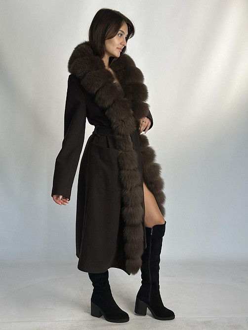 Женское кашемировое пальто с мехом по всей длине Шоколад, 46 Харьков - изображение 4