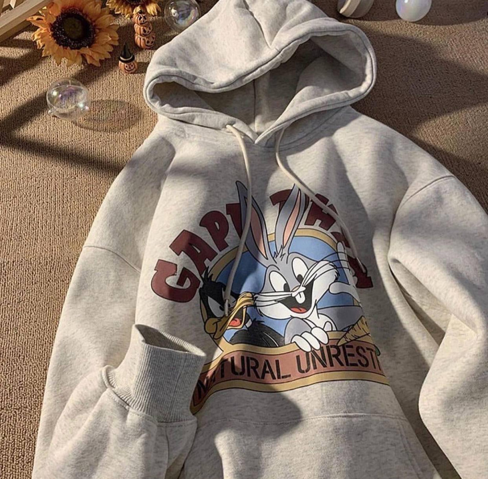 Женская утепленная оверсайз худи кенгуру с мультяшным принтом «Loony Tunes» трехнить на флисе Меланж Одесса - изображение 1