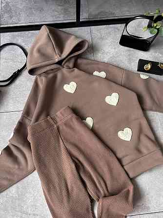 Жіночий теплий прогулянковий костюм-двійка з сердечками тринитка на флісі + ангора рубчик Моко, 46/48 Одеса