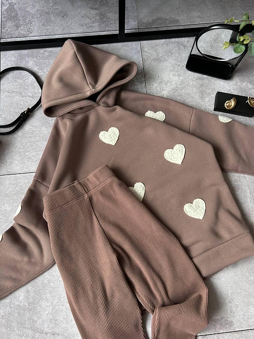 Жіночий теплий прогулянковий костюм-двійка з сердечками тринитка на флісі + ангора рубчик Моко, 46/48 Одеса - фото 6