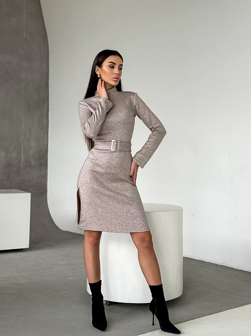 Женское стильное теплое и удобное платье с разрезами в длине миди турецкое двухстороннее ангора люкс Беж, 42/44 Одесса - изображение 5