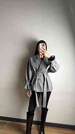 Женское трендовое пальто с двубортной застежкой на пуговицы и поясом Серый Одесса